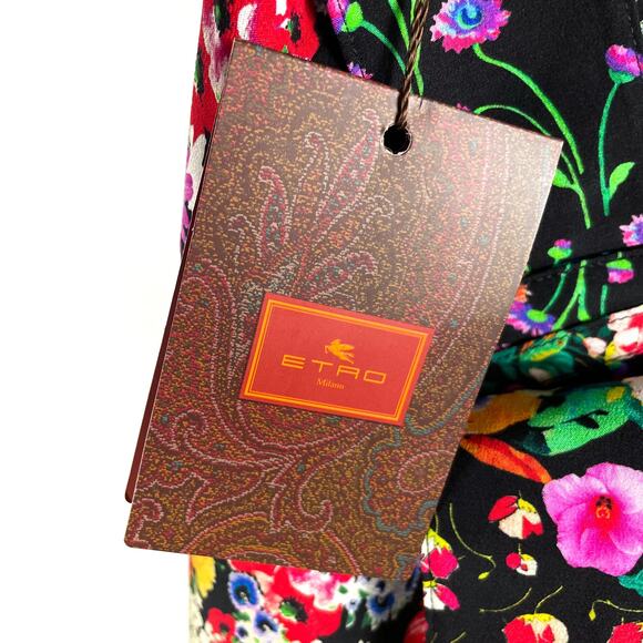 ETRO Floral Pants Set Black Silk 2pc One Shoulder Top Wide Leg Sz 42 IT / M - Picture 14 of 15